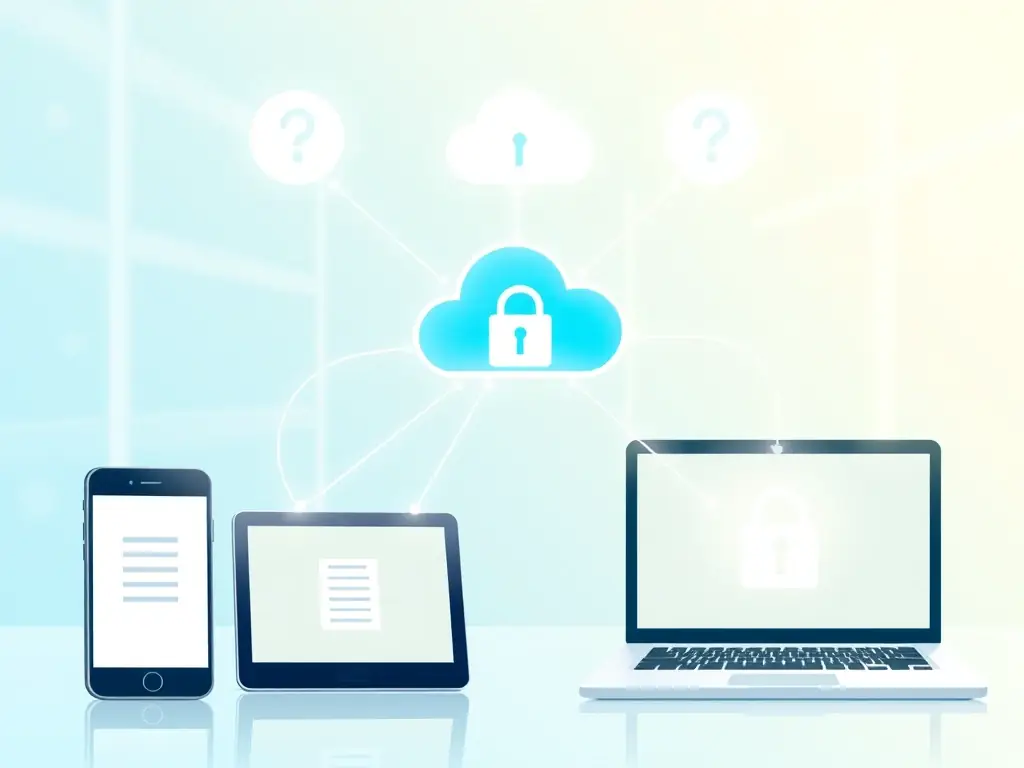 An illustration depicting Keepaas seamlessly syncing passwords across multiple devices, such as a smartphone, tablet, and laptop. The cloud icon symbolizes the secure and synchronized storage of passwords.