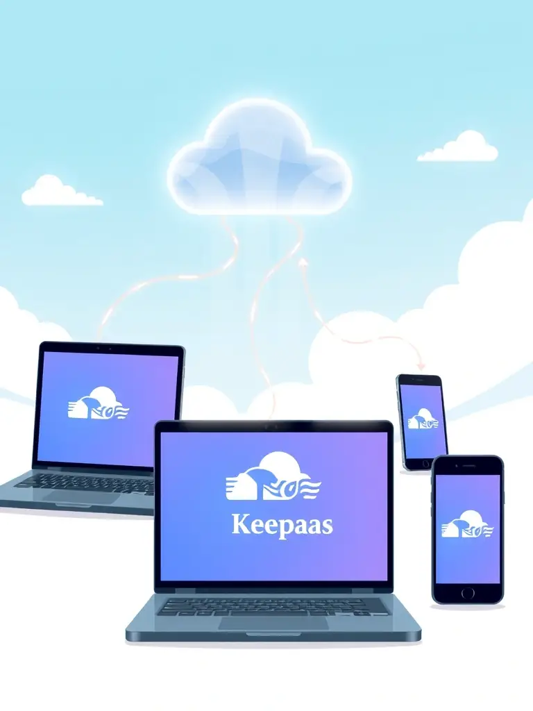 An illustration depicting Keepaas cloud sync feature, showing data being securely synchronized across multiple devices (laptop, tablet, smartphone) with end-to-end encryption.